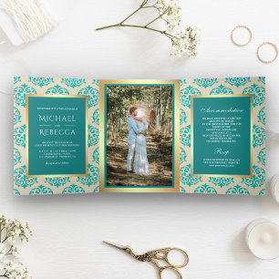 Invitation Trois Volets Faux papier doré Damassé sarcelle Photo de mariage