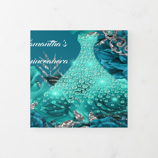 Invitation Trois Volets FEMMES roses turquoises d'argent PHOTO Fleur anniv (Protection)