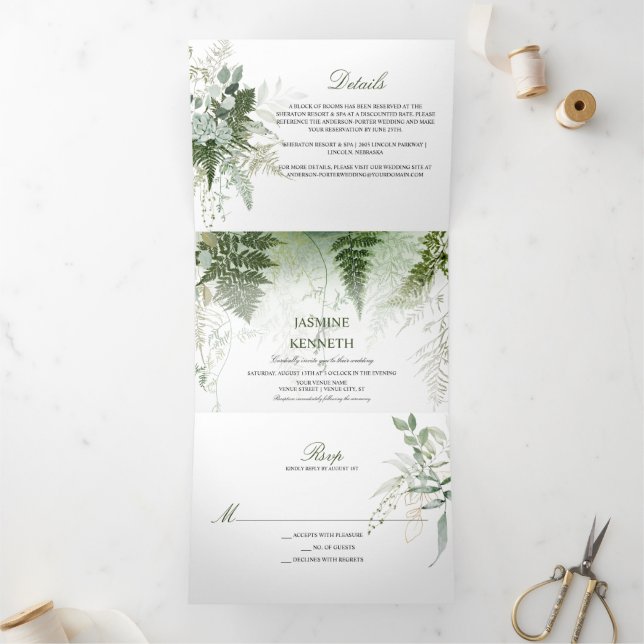 Invitation Trois Volets Fermes sauvages Succulents Eucalyptus Mariage vert (Intérieur)