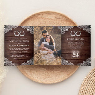 Invitation Trois Volets Fers à Cheval en Bois Rustique Mariage Code QR Pho