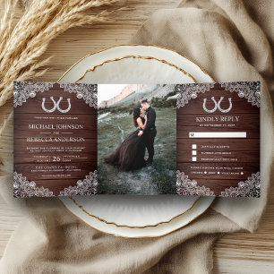 Invitation Trois Volets Fers à Cheval en Bois Rustique Mariage Photo