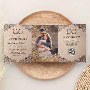 Invitation Trois Volets Fers à Cheval Toile de Jute Code QR Photo Mariage
