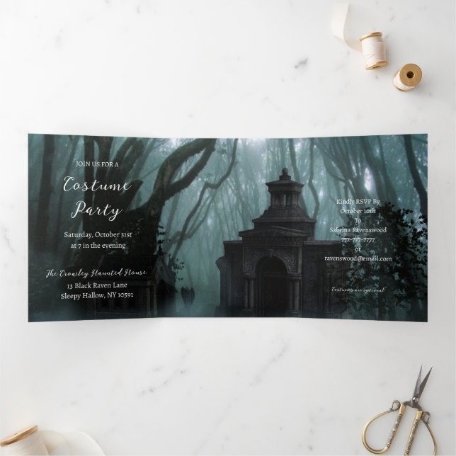 Invitation Trois Volets Fête d'Halloween de cimetière foncé et Éffrayant (Intérieur)