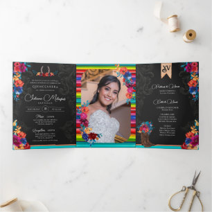 Invitation Trois Volets Fête mexicaine Fleurs colorées Charro Quinceanera