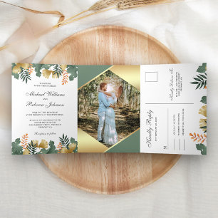 Invitation Trois Volets Feuille de Tropicale Géométrique en Or Photo Maria
