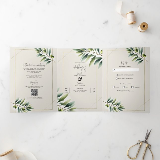 Invitation Trois Volets Feuille d'olive verte os blanc et or mariage rusti (Intérieur)
