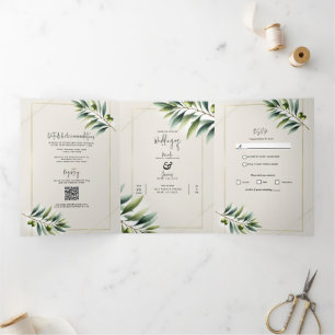 Invitation Trois Volets Feuille d'Olive Verte Os Blanc & Or Mariage Rustiq