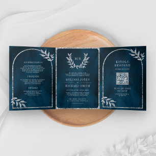 Invitation Trois Volets Feuilles de Couronne de Laurier Argent Océan Bleu
