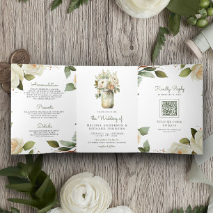 Invitation Trois Volets Feuilles de  de Sage de Roses blanches Mason Jar Q