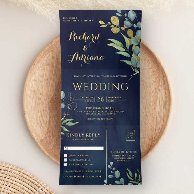 Invitation Trois Volets Feuilles de eucalyptus de branche d'or Mariage ble (Créateur téléchargé)