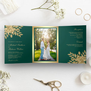 Invitation Trois Volets Feuilles de Faux Papier D'or Floral Vert Sarcelle