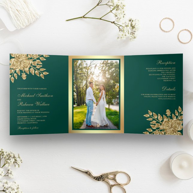Invitation Trois Volets Feuilles de Faux Papier D'or Floral Vert Sarcelle  (Créateur téléchargé)