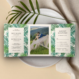 Invitation Trois Volets Feuilles de palmier crème et vert Mariage tropical