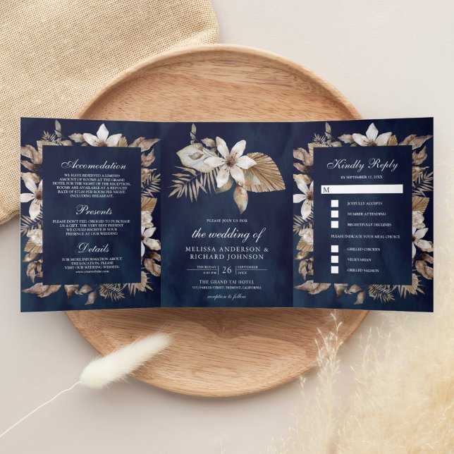 Invitation Trois Volets Feuilles de palmier séchées tropicales Mariage ble (Créateur téléchargé)