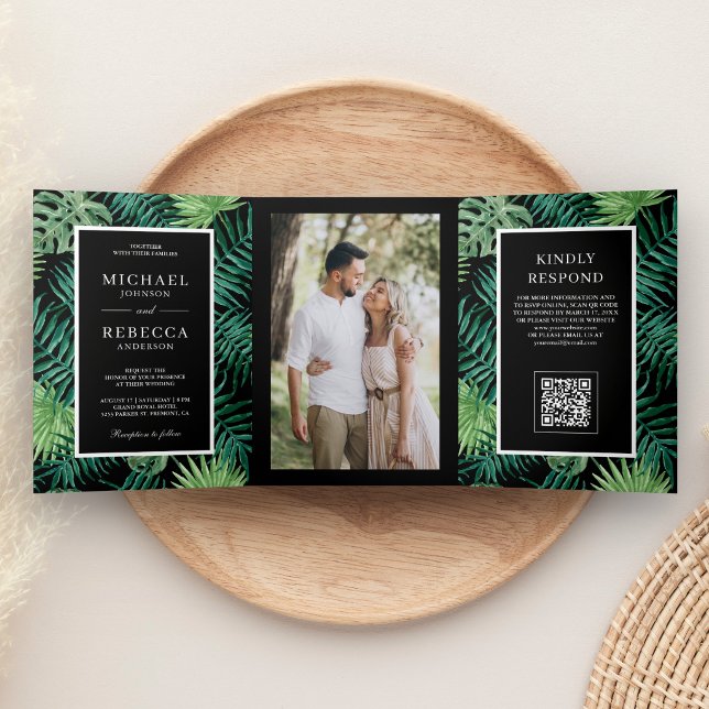 Invitation Trois Volets Feuilles de palmier tropicales Code QR Mariage Noi (Créateur téléchargé)