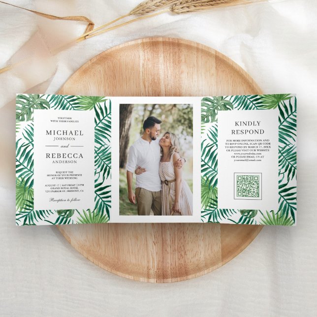 Invitation Trois Volets Feuilles de palmier vertes blanches tropicales Cod (Créateur téléchargé)