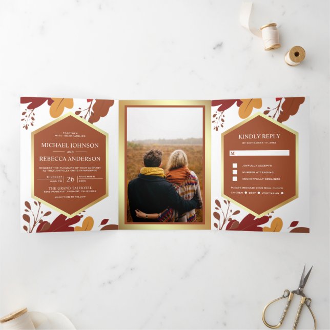 Invitation Trois Volets Feuilles de Terracotta Orange Rustique Mariage (Intérieur)