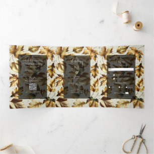 Invitation Trois Volets Feuilles d'or Amande Beige & Noir Glam Mariage d'a