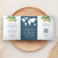 Feuilles tropicaux Dusty Blue World Map Mariage