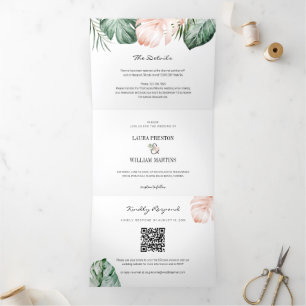 Invitation Trois Volets Feuilles tropicaux Mariage Photo RSVP QR Code Déta