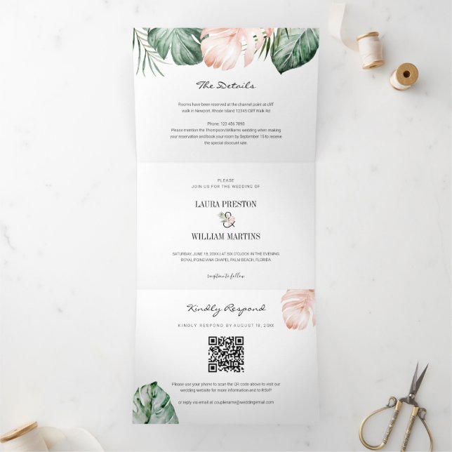 Invitation Trois Volets Feuilles tropicaux Mariage Photo RSVP QR Code Déta (Intérieur)