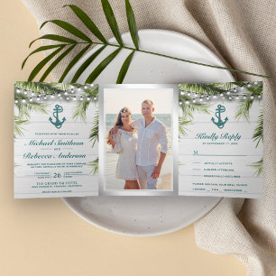 Invitation Trois Volets Feuilles Turquoise Ancre Washed White