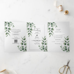 Invitation Trois Volets Feuilles verdoyants minimaux Mariage blanc moderne