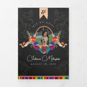 Invitation Trois Volets Fiesta mexicaine Coloré Floral Charro Quinceañera