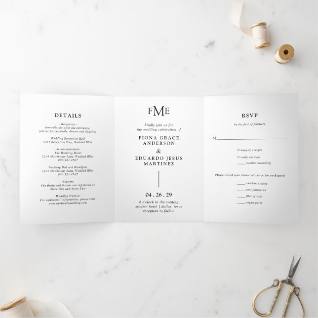 Invitation Trois Volets Fiona Noir et Blanc Monogramme Gras Mariage Modern (Intérieur)