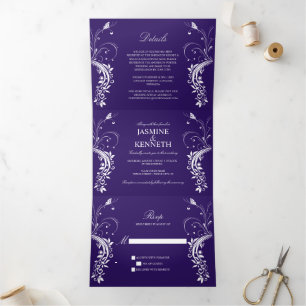 Invitation Trois Volets Fissures florales blanches ornées sur Mariage pour