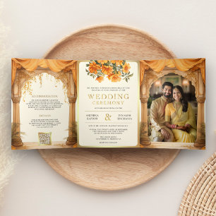 Invitation Trois Volets Fleur de Tagète Jaune Mandap Mariage Indien du Sud