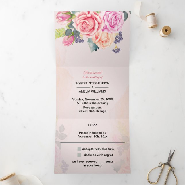 Invitation Trois Volets Fleur Rose élégant Mariage personnalisé (Intérieur)