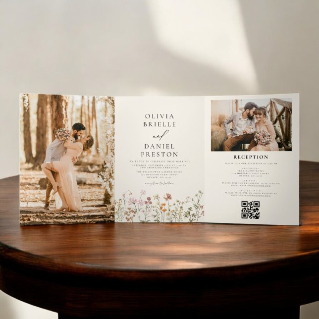 Invitation Trois Volets Fleur sauvage Boho Beige tout en un QR Code Mariag (Créateur téléchargé)