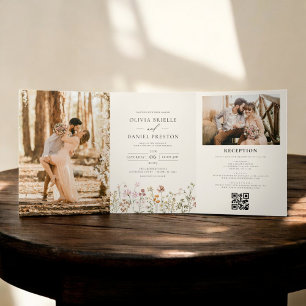 Invitation Trois Volets Fleur sauvage Boho Beige tout en un QR Code Mariag