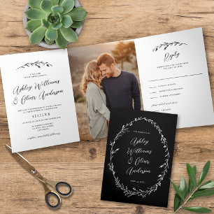 Invitation Trois Volets Fleur sauvage noir rustique Boho Mariage photo