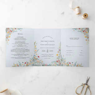 Invitation Trois Volets Fleur sauvage vintage Fern Dusty Mariage bleu