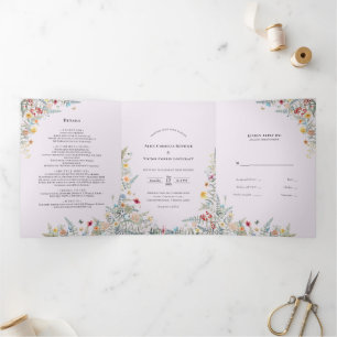 Invitation Trois Volets Fleur sauvage vintage Fern Lavender Mariage Monogr