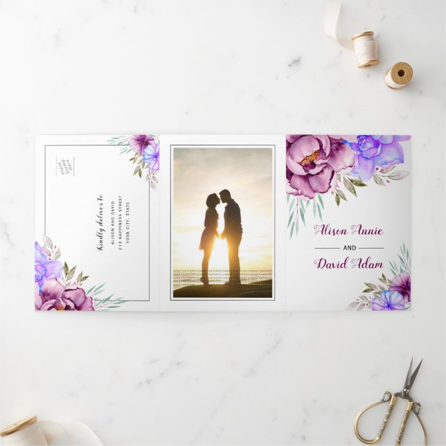 Invitation Trois Volets Fleurs aquarelle violettes photo florale mariage (Extérieur)