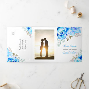 Invitation Trois Volets Fleurs aquarelles bleues photo florale mariage
