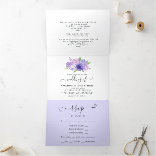 Invitation Trois Volets Fleurs aquarelles ultra violettes pour mariage tou
