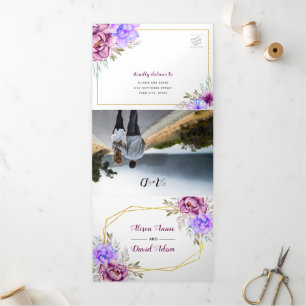 Invitation Trois Volets Fleurs aquarelles violettes, bleues avec mariage R