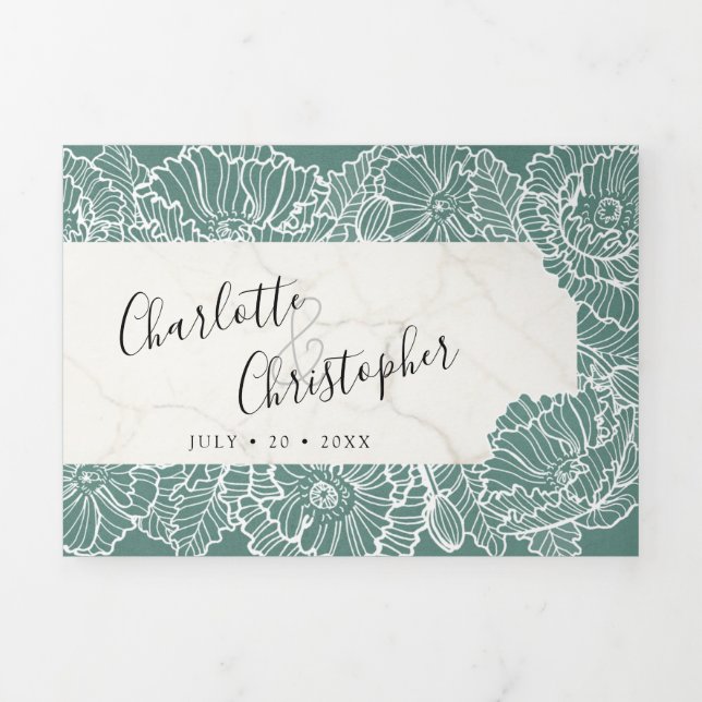 Invitation Trois Volets fleurs blanches aqua cyan tri-pli tout en un maria (Page de couverture)