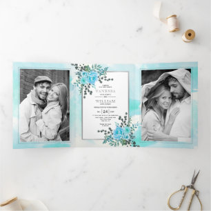 Invitation Trois Volets Fleurs bleu Aqua, fleurs feuilles été mariage