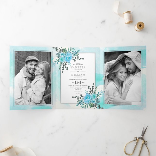 Invitation Trois Volets Fleurs bleu Aqua, fleurs feuilles été mariage (Intérieur)