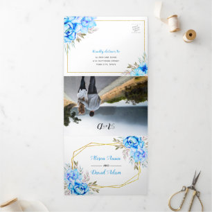 Invitation Trois Volets Fleurs d'aquarelle bleu Aqua avec mariage RSVP