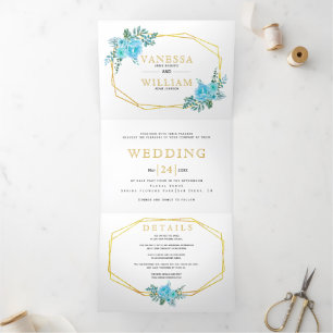 Invitation Trois Volets Fleurs d'aquarelle bleue, mariage géométrique or