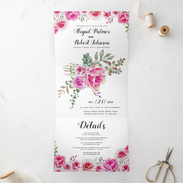 Invitation Trois Volets Fleurs d'aquarelle rose Fuchsia mariage (Intérieur)