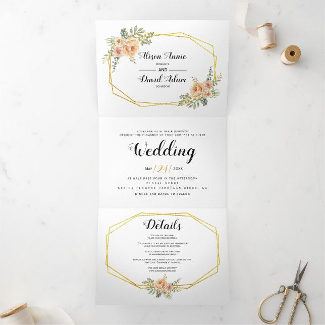 Invitation Trois Volets Fleurs d'aquarelle, typographie mariage floral (Intérieur)