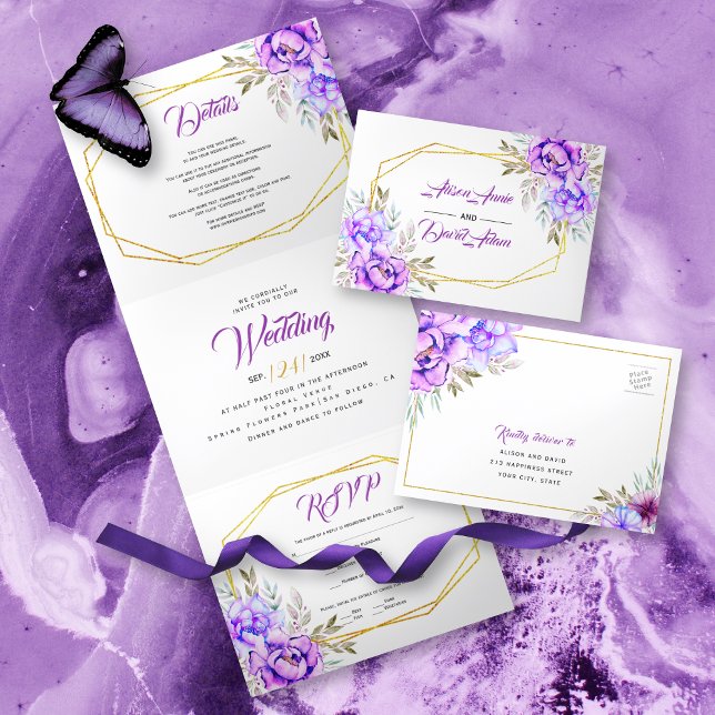 Invitation Trois Volets Fleurs d'aquarelle violette, lilas et mariage RSVP (Créateur téléchargé)