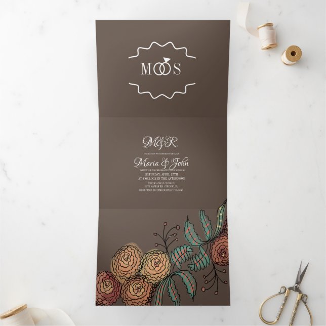 Invitation Trois Volets Fleurs de Carnation Modernes à l'Encre Botanique p (Intérieur)